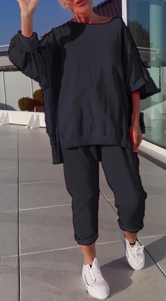 Louniva™ - Kvinnors Lediga Tvådelade Set med Rundhalsad Topp och Byxor