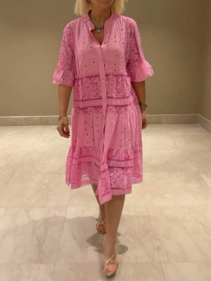 Emberly™ - Ledig Klänning med Broderi och Knäppning