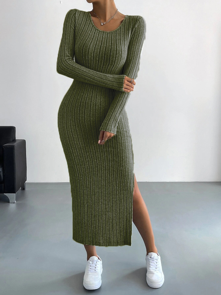 Luxe™ - Ribbad Stickad Långärmad Bodycon Klänning